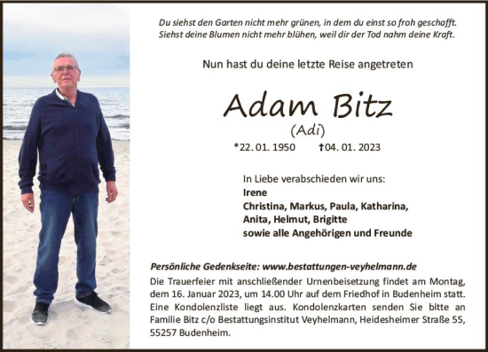 Traueranzeige von Adam Blitz von vrm-trauer AZ Mainz