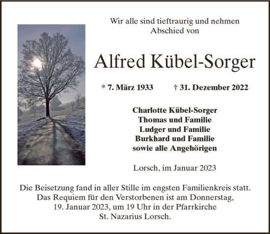 Traueranzeige von Alfred Kübel-Sorger von vrm-trauer Wormser Zeitung