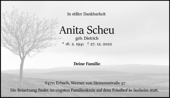 Traueranzeige von Anita Scheu von vrm-trauer Odenwälder Echo