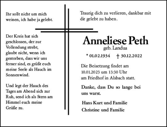 Traueranzeige von Anneliese Peth von vrm-trauer Darmstädter Echo