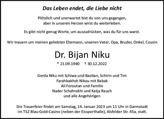 Traueranzeige von Bijan Niku von vrm-trauer Darmstädter Echo