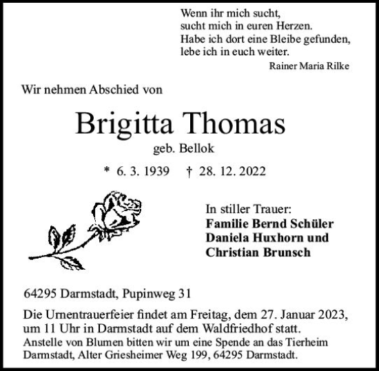 Traueranzeige von Brigitta Thomas von vrm-trauer Darmstädter Echo