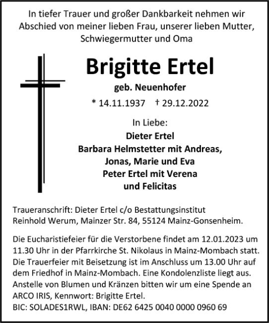 Traueranzeige von Brigitte Ertel von vrm-trauer AZ Mainz