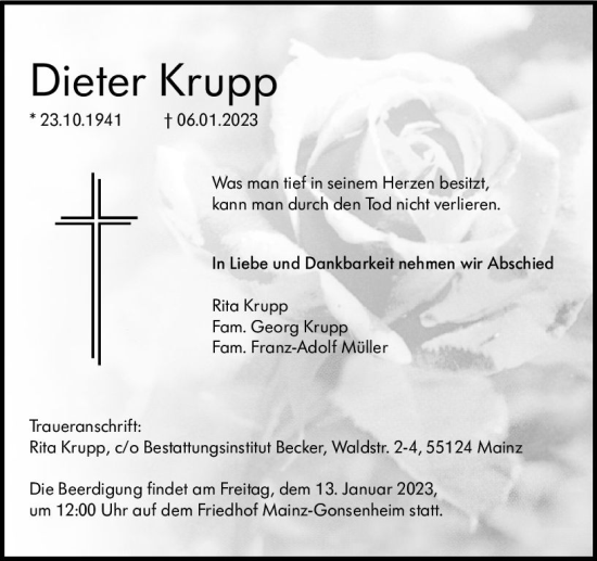 Traueranzeige von Dieter Krupp von vrm-trauer AZ Mainz