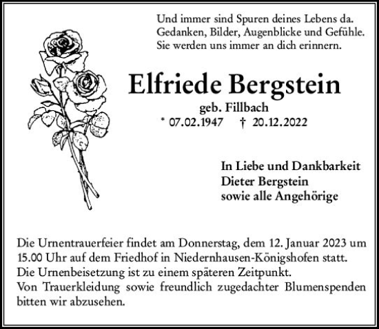 Traueranzeige von Elfriede Bergstein von vrm-trauer Wiesbadener Kurier