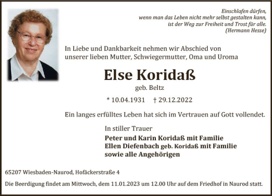 Traueranzeige von Else Koridaß von vrm-trauer Wiesbadener Kurier