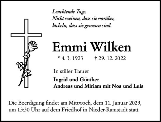 Traueranzeige von Emmi Wilken von vrm-trauer Darmstädter Echo