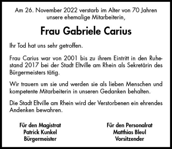 Traueranzeige von Gabriele Carius von vrm-trauer Rheingau