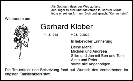 Traueranzeige von Gerhard Klober von vrm-trauer DieburgerAnzeiger/Groß-Zimmerner Lokala