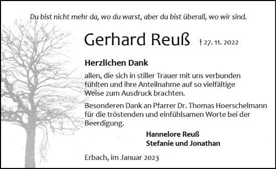 Traueranzeige von Gerhard Reuß von vrm-trauer Odenwälder Echo