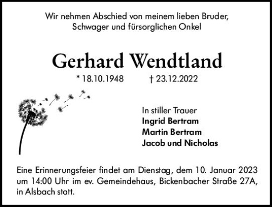 Traueranzeige von Gerhard Wendtland von vrm-trauer Darmstädter Echo