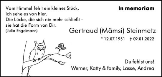 Traueranzeige von Gertraud Steinmetz von vrm-trauer Allgemeine Zeitung Alzey