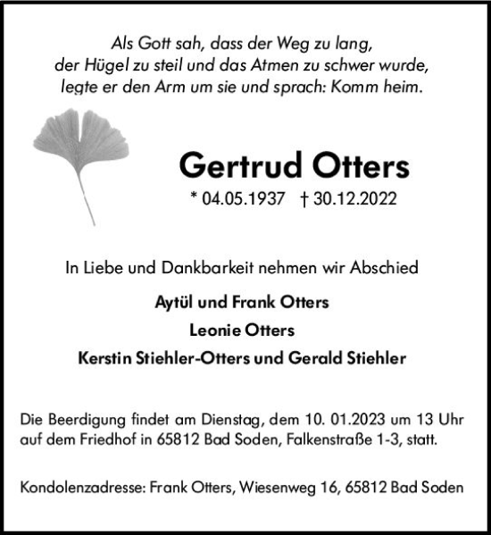 Traueranzeige von Gertrud Otters von vrm-trauer AZ Mainz