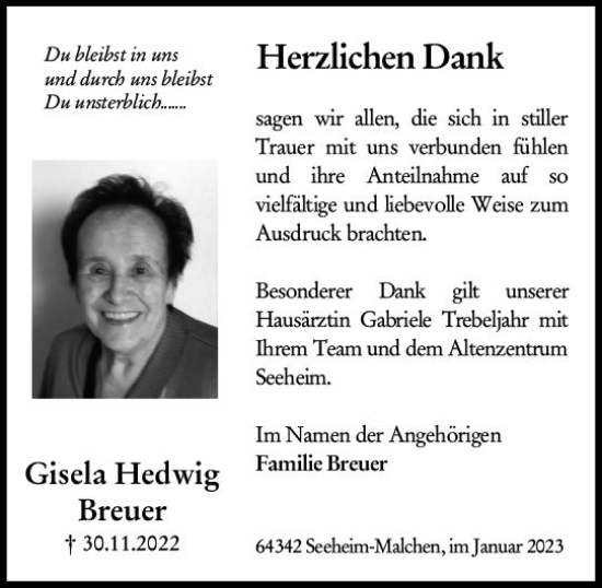 Traueranzeige von Gisela Hedwig Breuer von vrm-trauer Darmstädter Echo