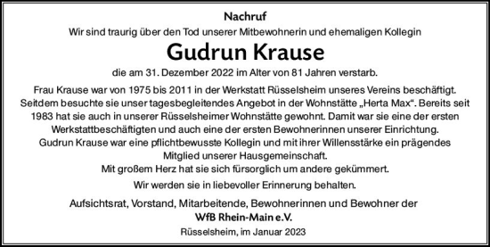 Traueranzeige von Gudrun Krause von vrm-trauer Rüsselsheimer Echo / MainSpitze