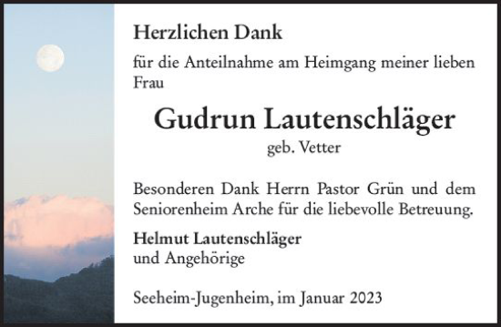 Traueranzeige von Gudrun Lautenschläger von vrm-trauer Bergsträßer Anzeiger