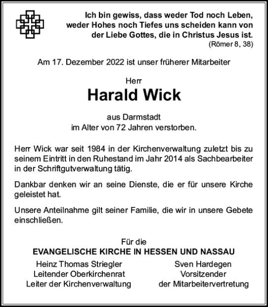 Traueranzeige von Harald Wick von vrm-trauer Darmstädter Echo