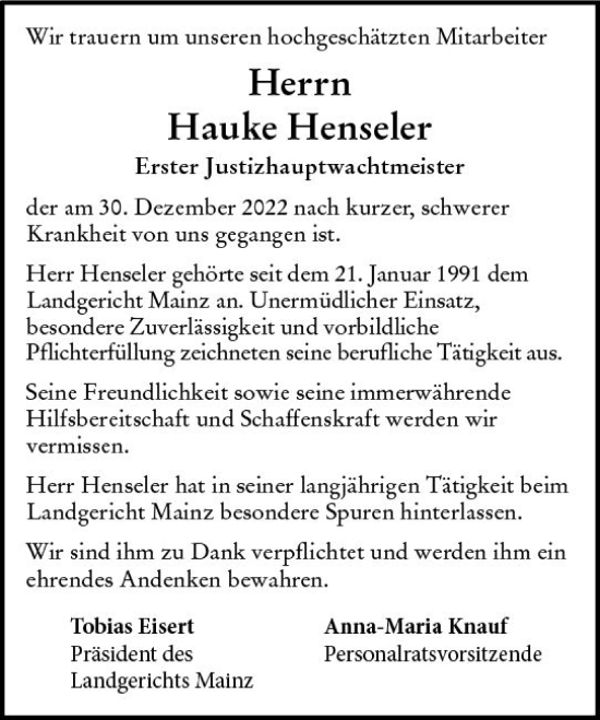 Traueranzeige von Hauke Henseler von vrm-trauer AZ Mainz