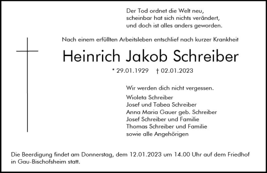 Traueranzeige von Heinrich Jakob Schreiber von vrm-trauer AZ Mainz