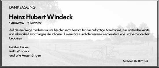 Traueranzeige von Heinz Hubert Windeck von vrm-trauer Darmstädter Echo