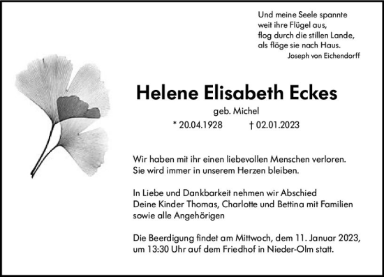 Traueranzeige von Helene Elisabeth Eckes von vrm-trauer AZ Mainz
