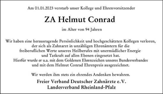 Traueranzeige von Helmut Conrad von vrm-trauer Allgemeine  Zeitung Ingelheim-Bingen