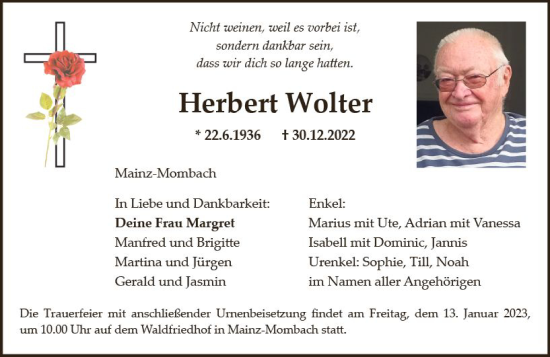 Traueranzeige von Herbert Wolter von vrm-trauer AZ Mainz