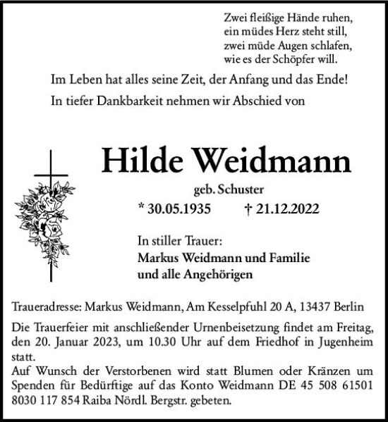 Traueranzeige von Hilde Weidmann von vrm-trauer Darmstädter Echo