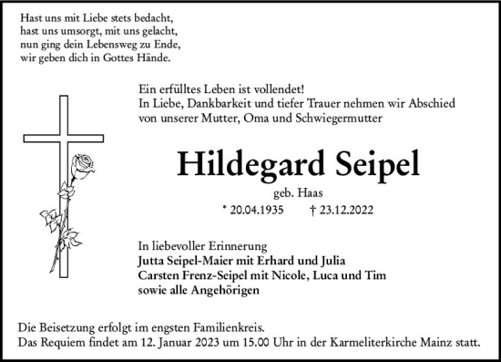 Traueranzeige von Hildegard Seipel von vrm-trauer Allgemeine  Zeitung Ingelheim-Bingen