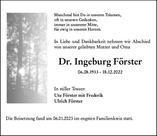 Traueranzeige von Ingeburg Förster von vrm-trauer Darmstädter Echo