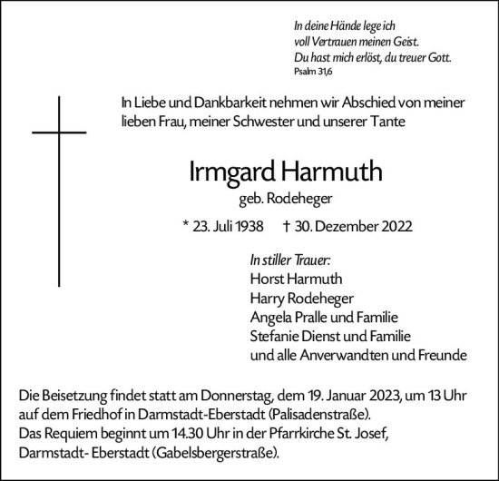 Traueranzeige von Irmgard Harmuth von vrm-trauer Darmstädter Echo
