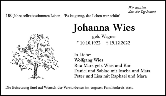 Traueranzeige von Johanna Wies von vrm-trauer Rüsselsheimer Echo / MainSpitze