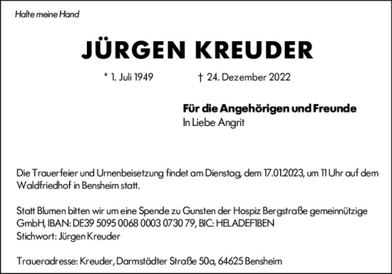Traueranzeige von Jürgen Kreuder von vrm-trauer Darmstädter Echo