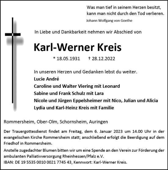 Traueranzeige von Karl-Werner Kreis von vrm-trauer Allgemeine Zeitung Alzey