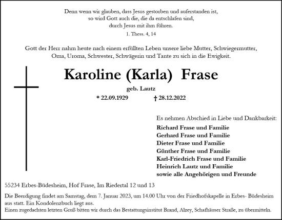 Traueranzeige von Karoline Frase von vrm-trauer Allgemeine Zeitung Alzey