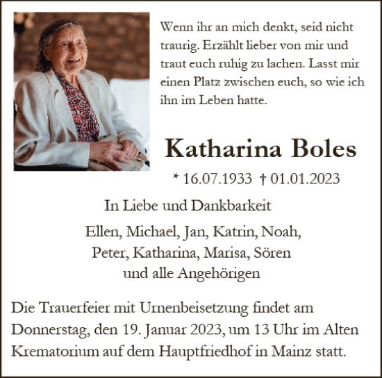 Traueranzeige von Katharina Boles von vrm-trauer AZ Mainz