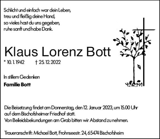 Traueranzeige von Klaus Lorenz Bott von vrm-trauer AZ Mainz