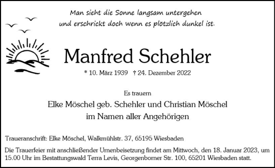 Traueranzeige von Manfred Schehler von vrm-trauer Wiesbadener Kurier