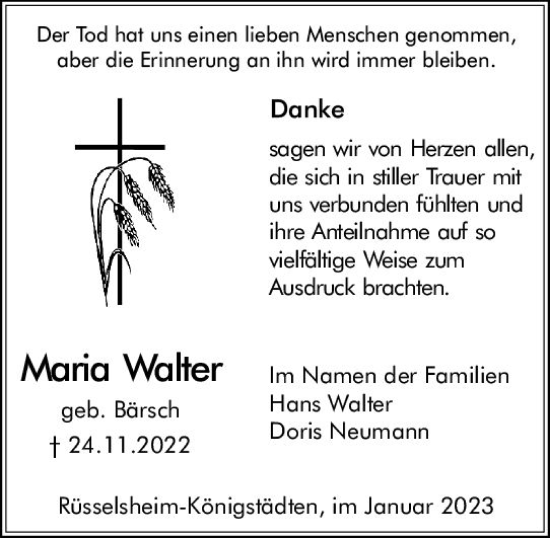 Traueranzeige von Maria Walter von vrm-trauer Rüsselsheimer Echo / MainSpitze