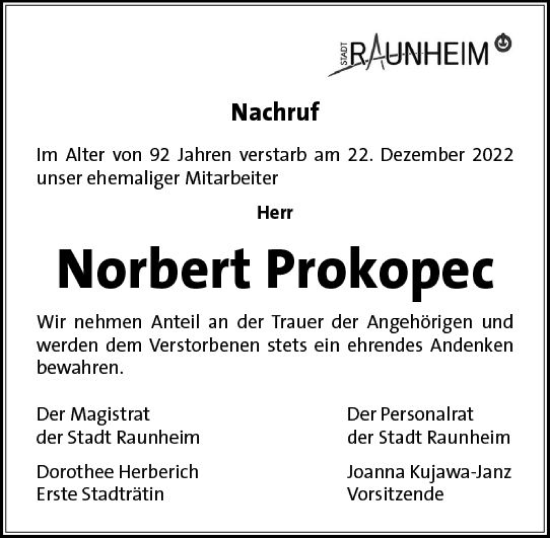 Traueranzeige von Norbert Prokopec von vrm-trauer Rüsselsheimer Echo / MainSpitze