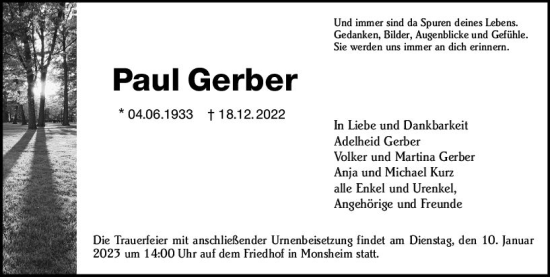 Traueranzeige von Paul Gerber von vrm-trauer Wormser Zeitung