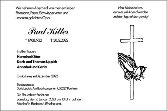 Traueranzeige von Paul Kitter von vrm-trauer Allgemeine Zeitung Alzey