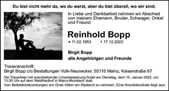 Traueranzeige von Reinhold Bopp von vrm-trauer AZ Mainz