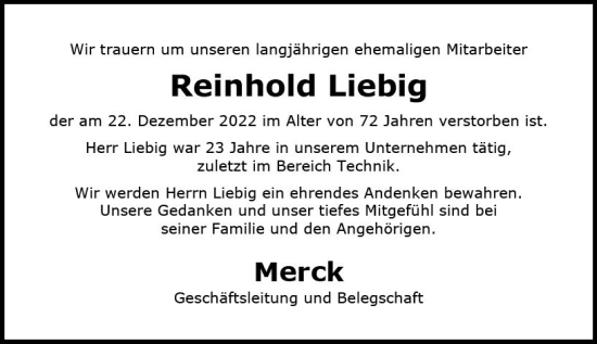 Traueranzeige von Reinhold Liebig von vrm-trauer Darmstädter Echo