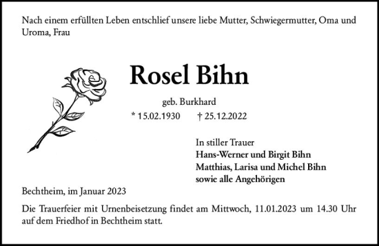 Traueranzeige von Rose Bihn von vrm-trauer Wormser Zeitung