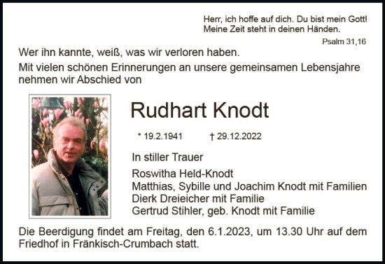 Traueranzeige von Rudhart Knodt von vrm-trauer Odenwälder Echo