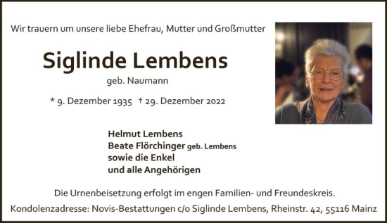Traueranzeige von Siglinde Lembens von vrm-trauer AZ Mainz