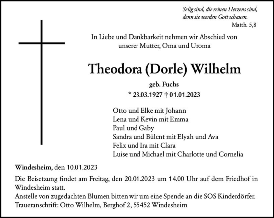 Traueranzeige von Theodora Wilhelm von vrm-trauer Allg. Zeitung Bad Kreuznach