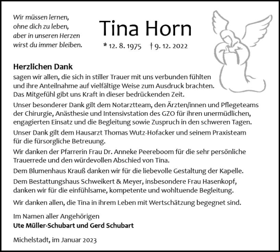 Traueranzeige von Tina Horn von vrm-trauer Odenwälder Echo