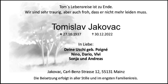 Traueranzeige von Tomislav Jakovac von vrm-trauer AZ Mainz
